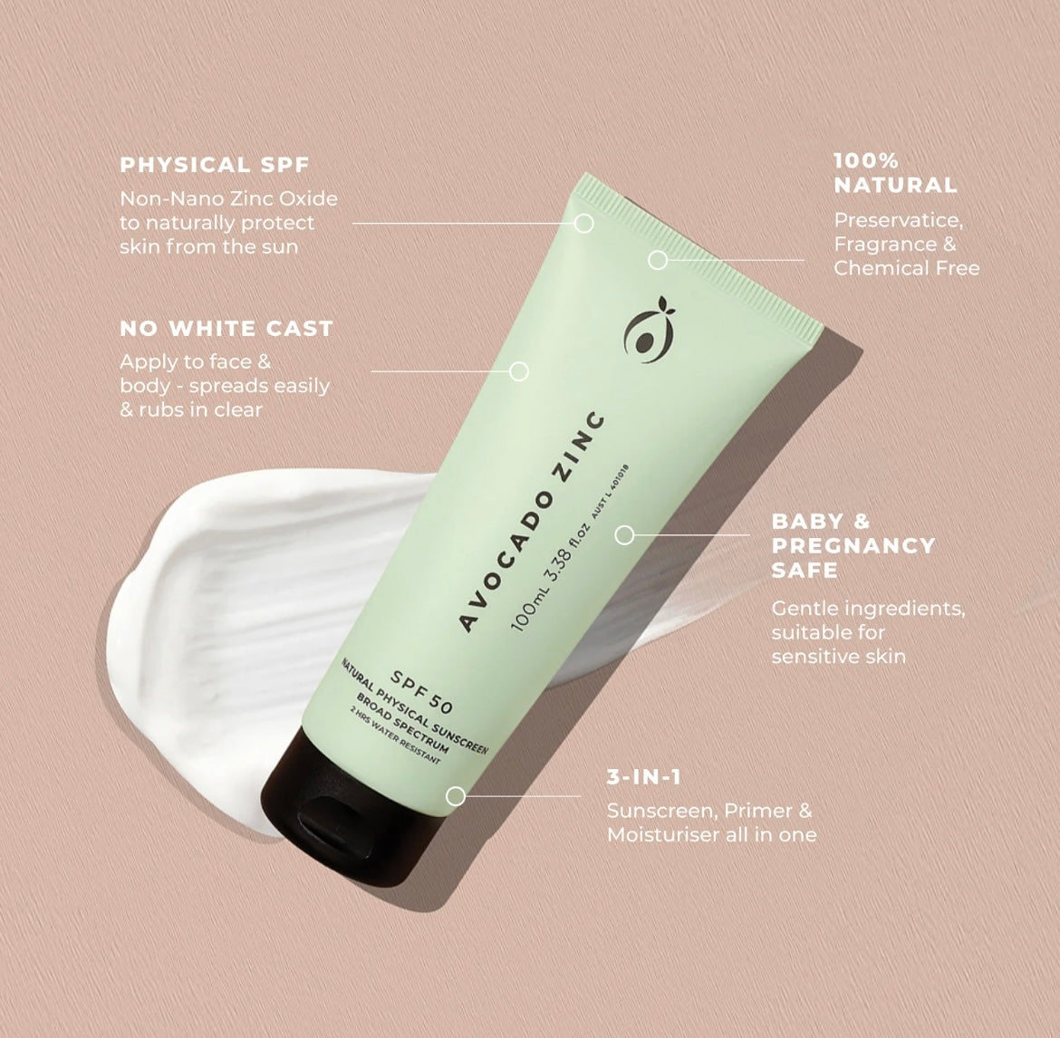 Avocado Zinc SPF 50 Natural Physical Sunscreen