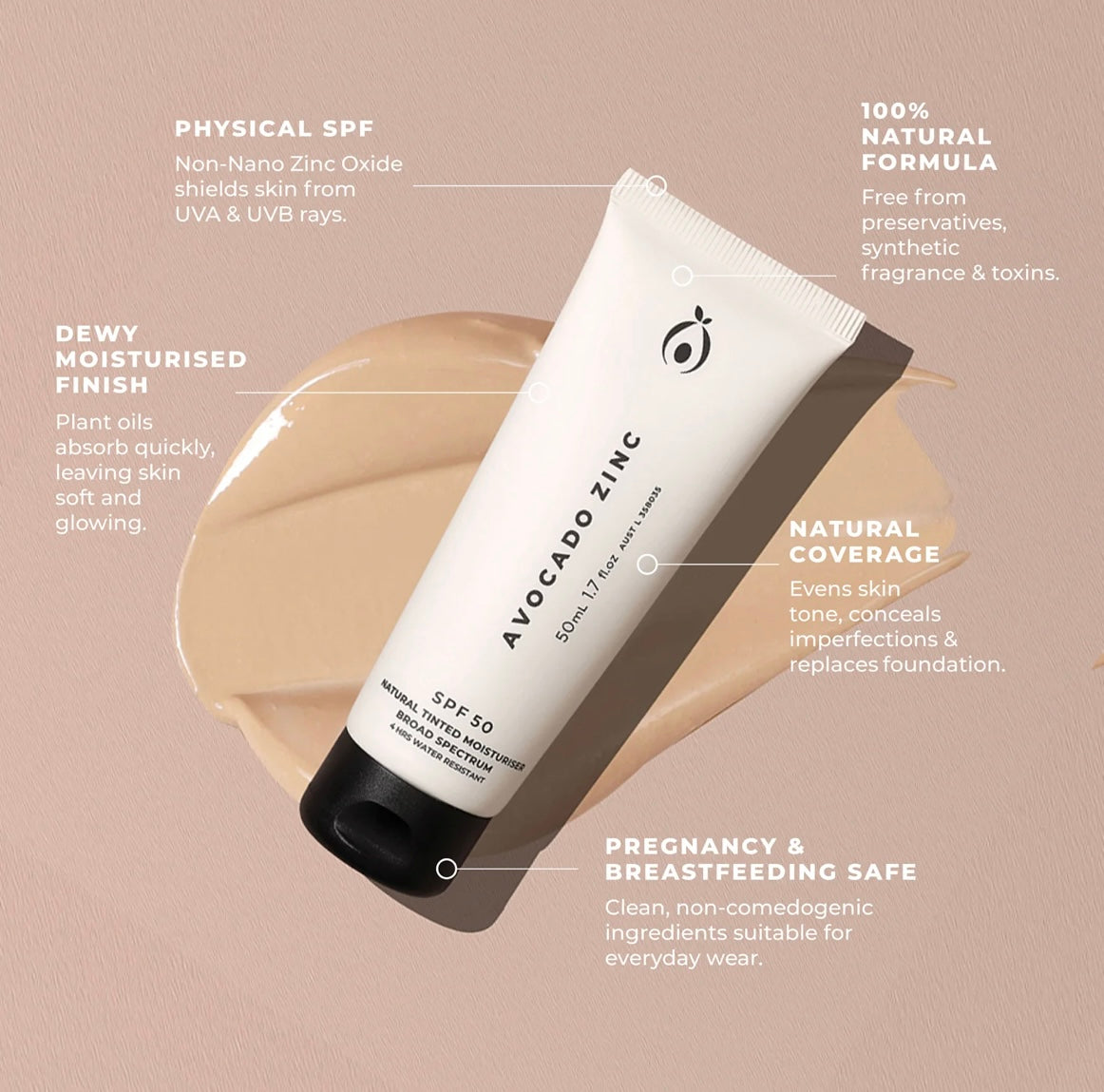 Avocado Zinc SPF 50 Natural Tinted Moisturiser